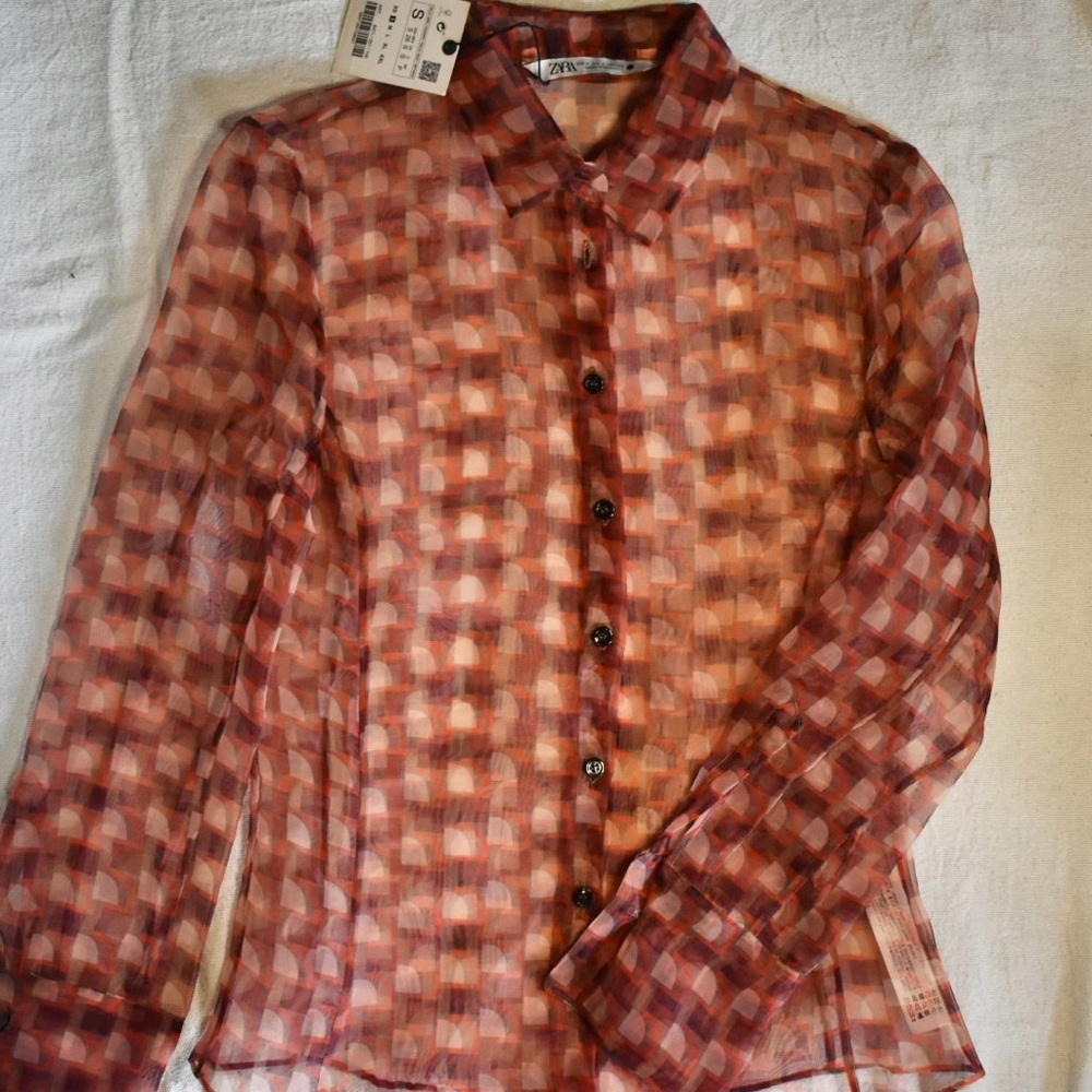 NWT Zara Blouse Organza Sheer Geometric Print